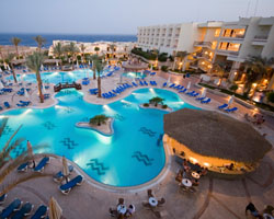 hotel pool at dusk