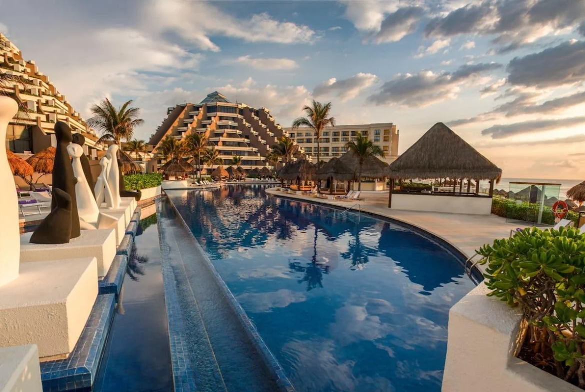 Outdoor pool and resort exterior