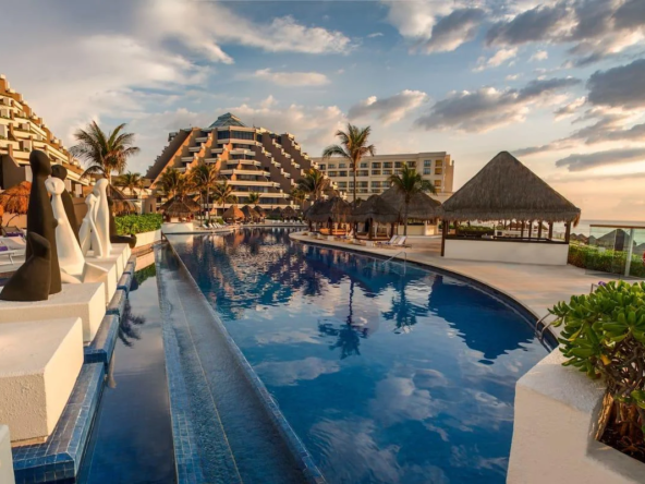 Outdoor pool and resort exterior