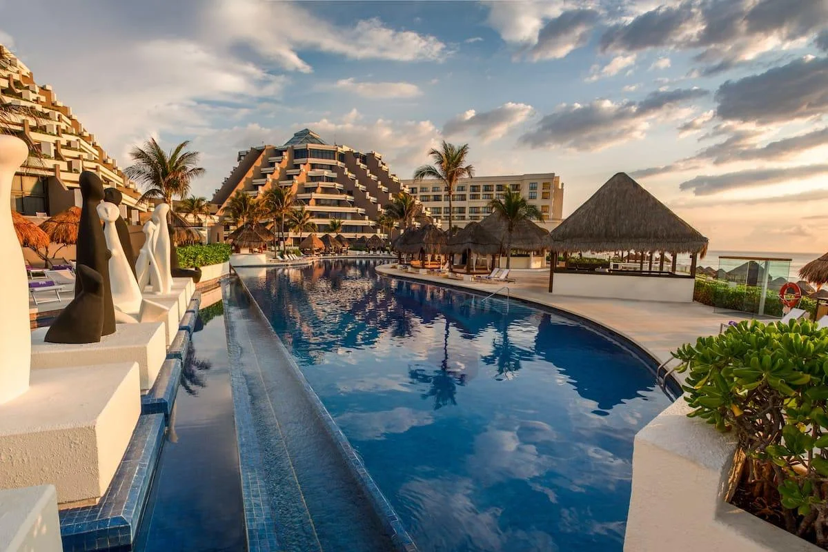 Outdoor pool and resort exterior