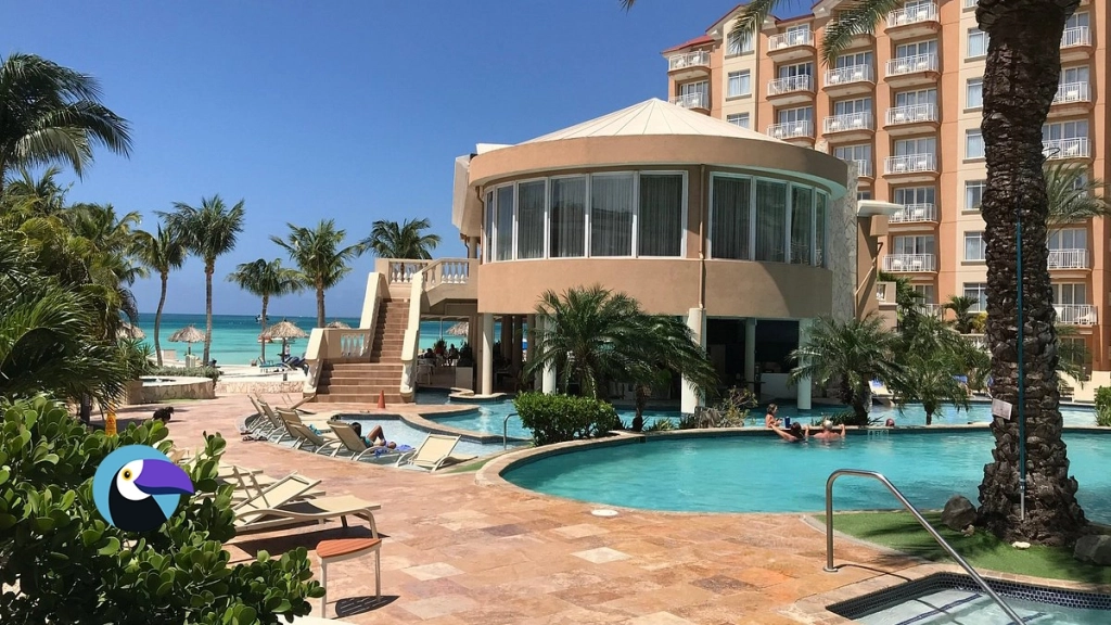 A sunny afternoon at the Divi Aruba Phoenix Beach Resort. In the foreground, there are multiple lounge chairs arranged around an outdoor swimming pool where guests are seen taking a relaxing dip. Palm trees and other tropical foliage line the walkway that leads from the pool deck towards the Caribbean Sea in the background. At the center of the resort sits a circular, two-story building with a pointed roof that houses the hotel restaurant, with a tall, multi-story building situated on the right.