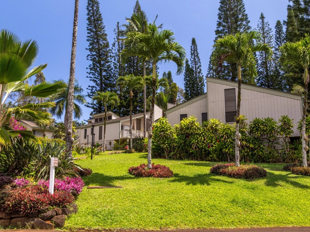 Exterior view of the Makai Club Resort accommodations surrounded by lush green lawns, palm trees, and tall pines, a peaceful destination for travelers.