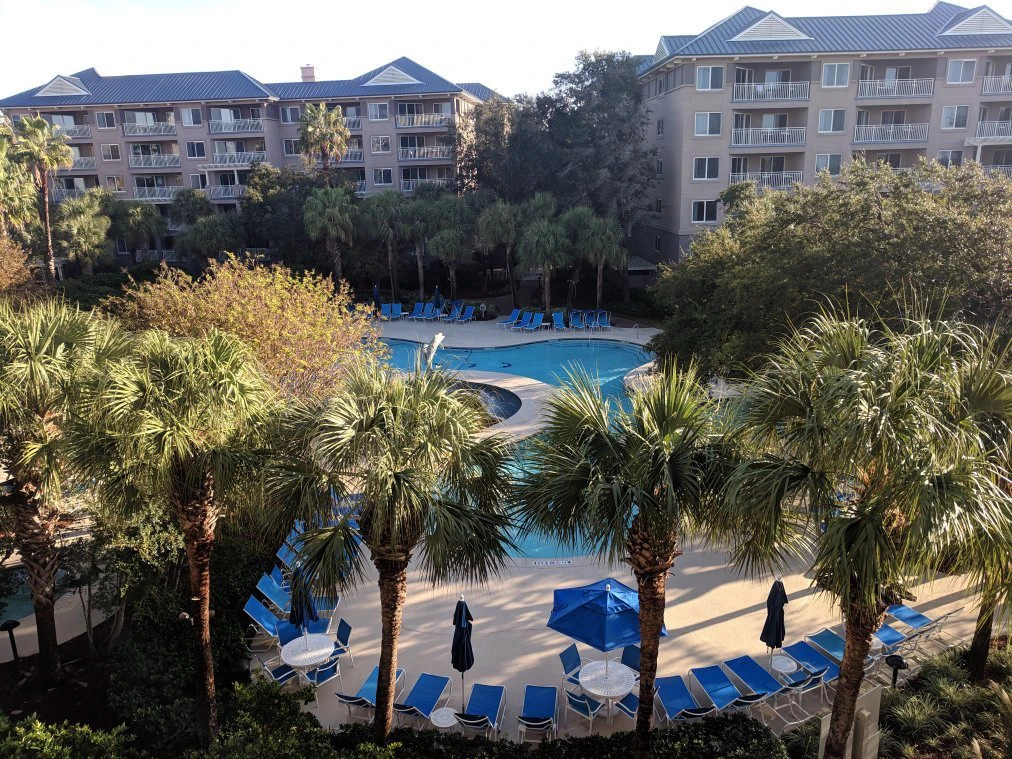 A view of a pool surrounded by palm trees and lounge chairs at Marriott's Grande Ocean.