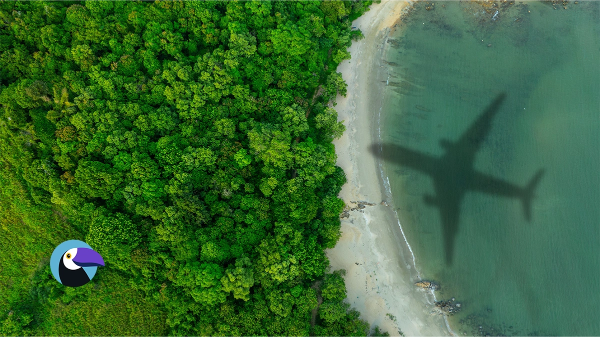 An aerial photograph looking directly down onto a vibrant tropical coastline. Dense, lush green jungle covers the left side, meeting a sandy beach that frames a calm, greenish-blue ocean. On the shallow water, a distinct, large shadow of a twin-engine commercial airplane is clearly visible.