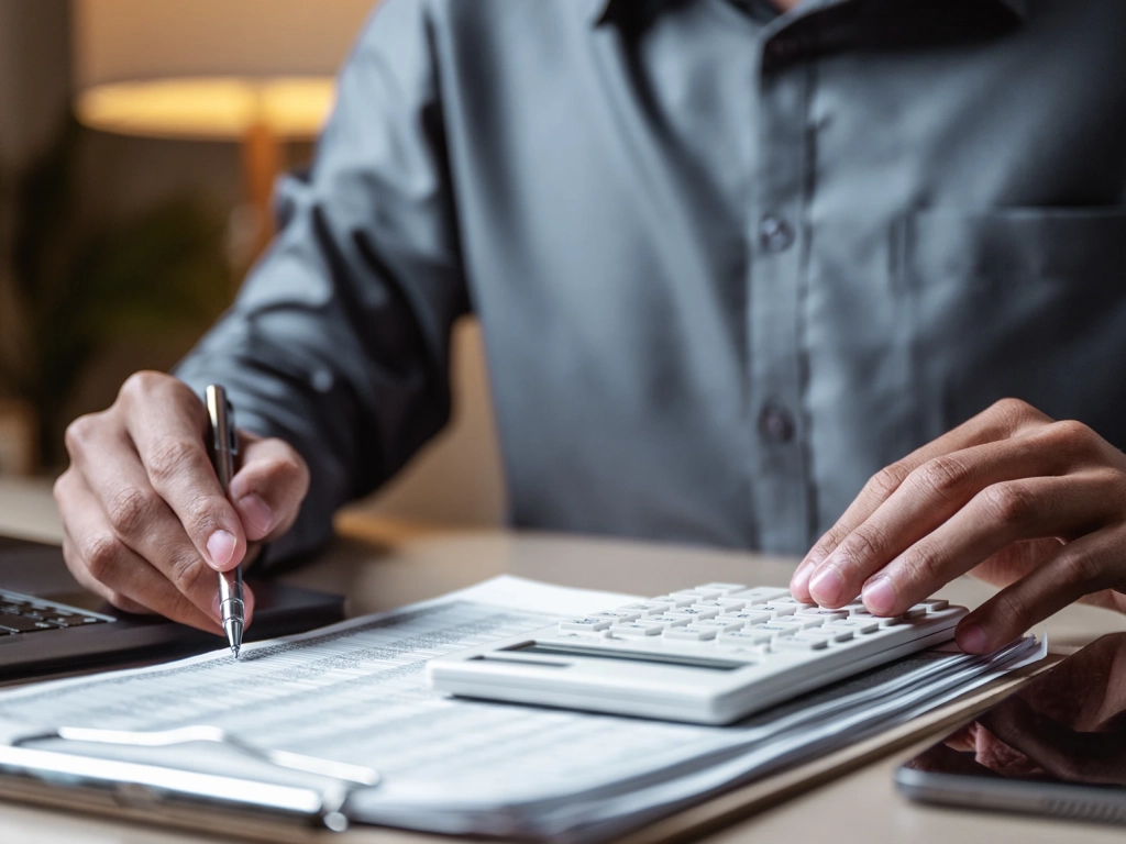 Person using a calculator and pen to review financial documents on a clipboard