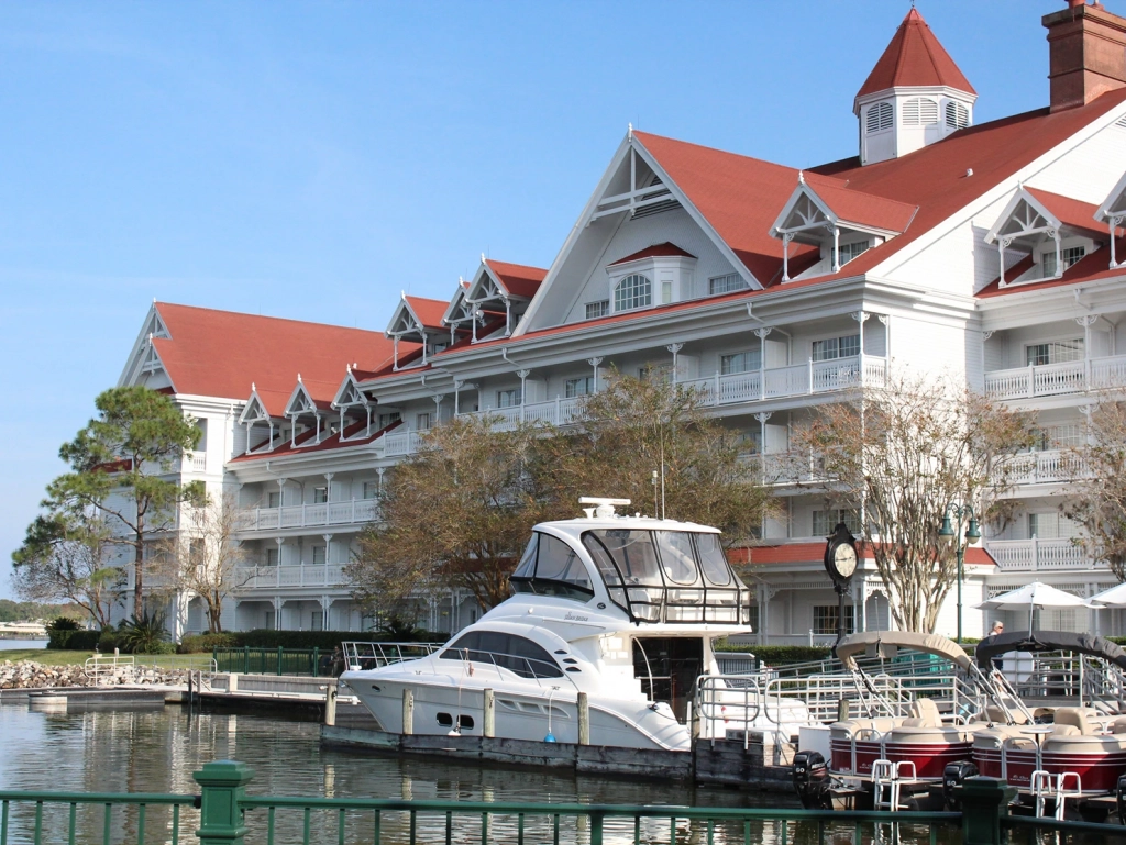 A white yacht docked at Disney's Grand Floridian Resort, a property with a right of first refusal policy.