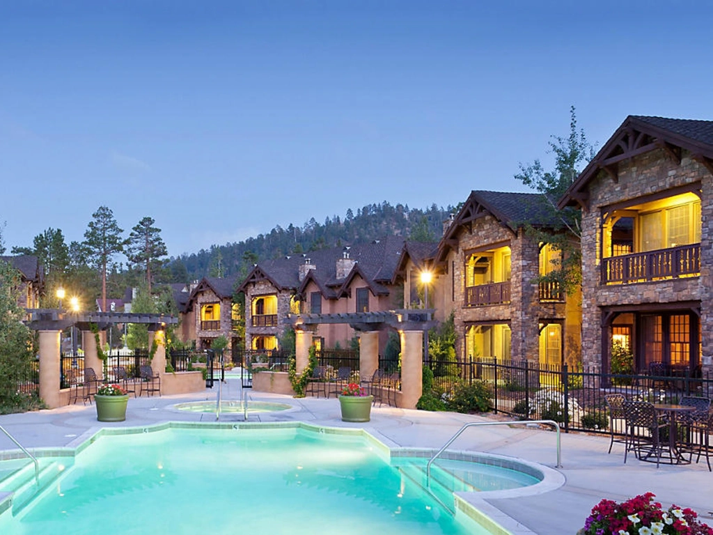 Heated outdoor pool at The Club at Big Bear Village, highly rated in bluegreen vacations reviews.