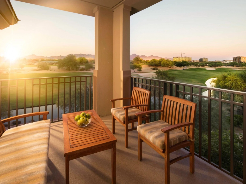 Private resort balcony overlooking a golf course and mountains, a perk of westin vacation club benefits.