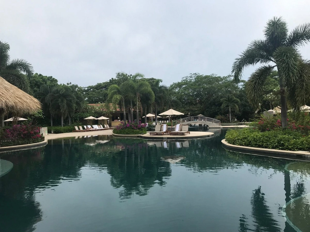 Serene dark-bottom resort pool surrounded by tropical vegetation and a small arched footbridge.
