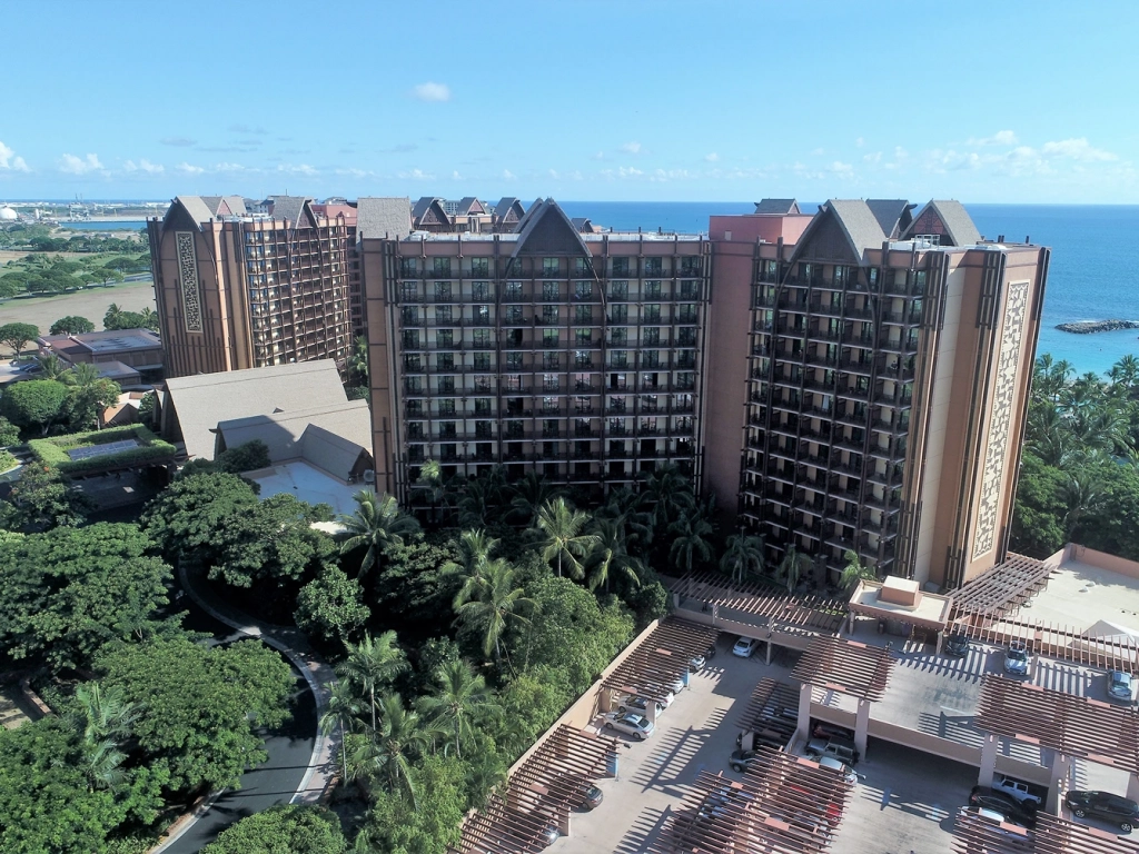 Understand why are timeshare resales so cheap by checking out the grand aerial view of Disney's Aulani Resort.