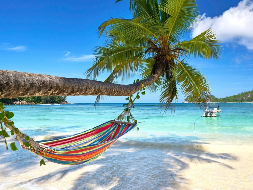 A colorful striped hammock hangs from a curved palm tree over clear turquoise ocean water.